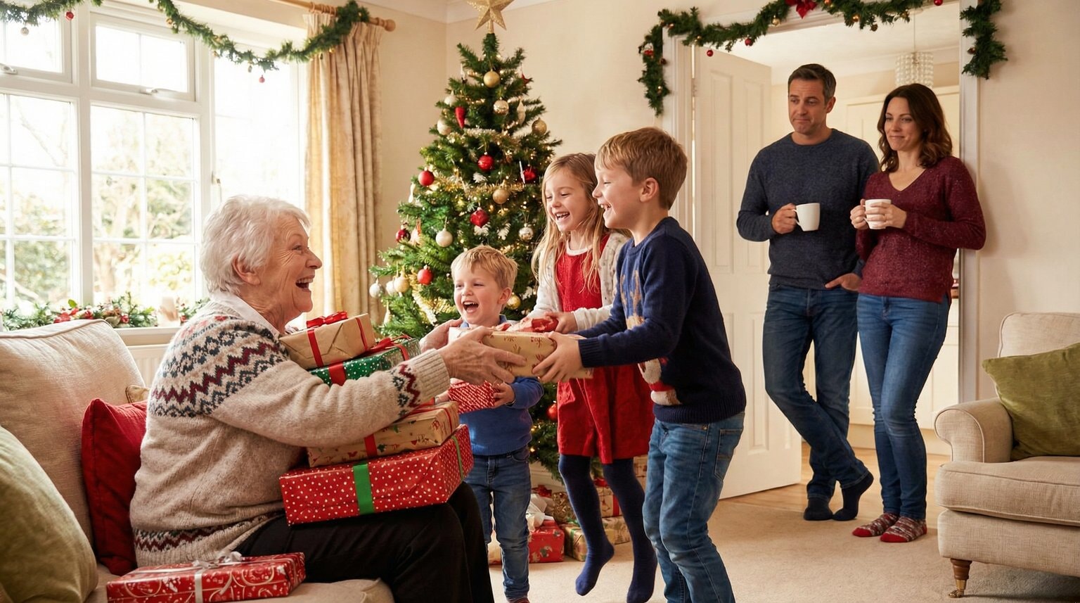 Grandmother giving multiple presents to excited grandchildren while parents exchange knowing glance