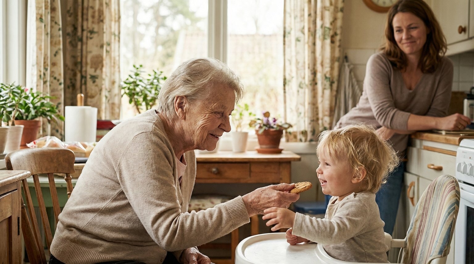 Grandmother secretly handing cookie to delighted toddler while mother watches with amused expression in cozy kitchen