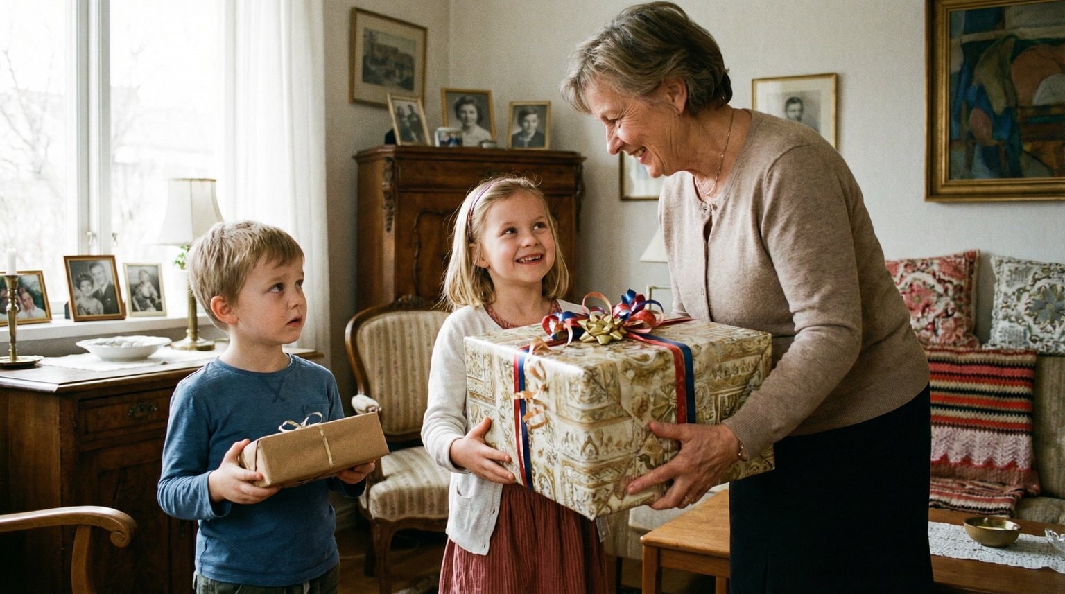 Grandmother handing elaborate gift to one grandchild while another holds smaller package looking confused