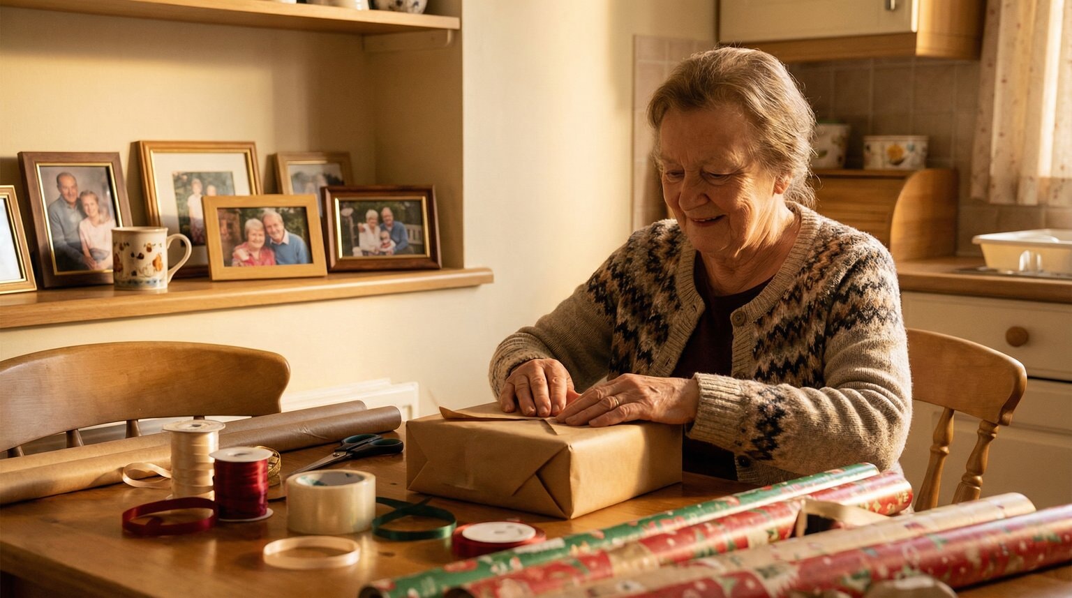 Grandmother lovingly wrapping gift at kitchen table with family photos in background