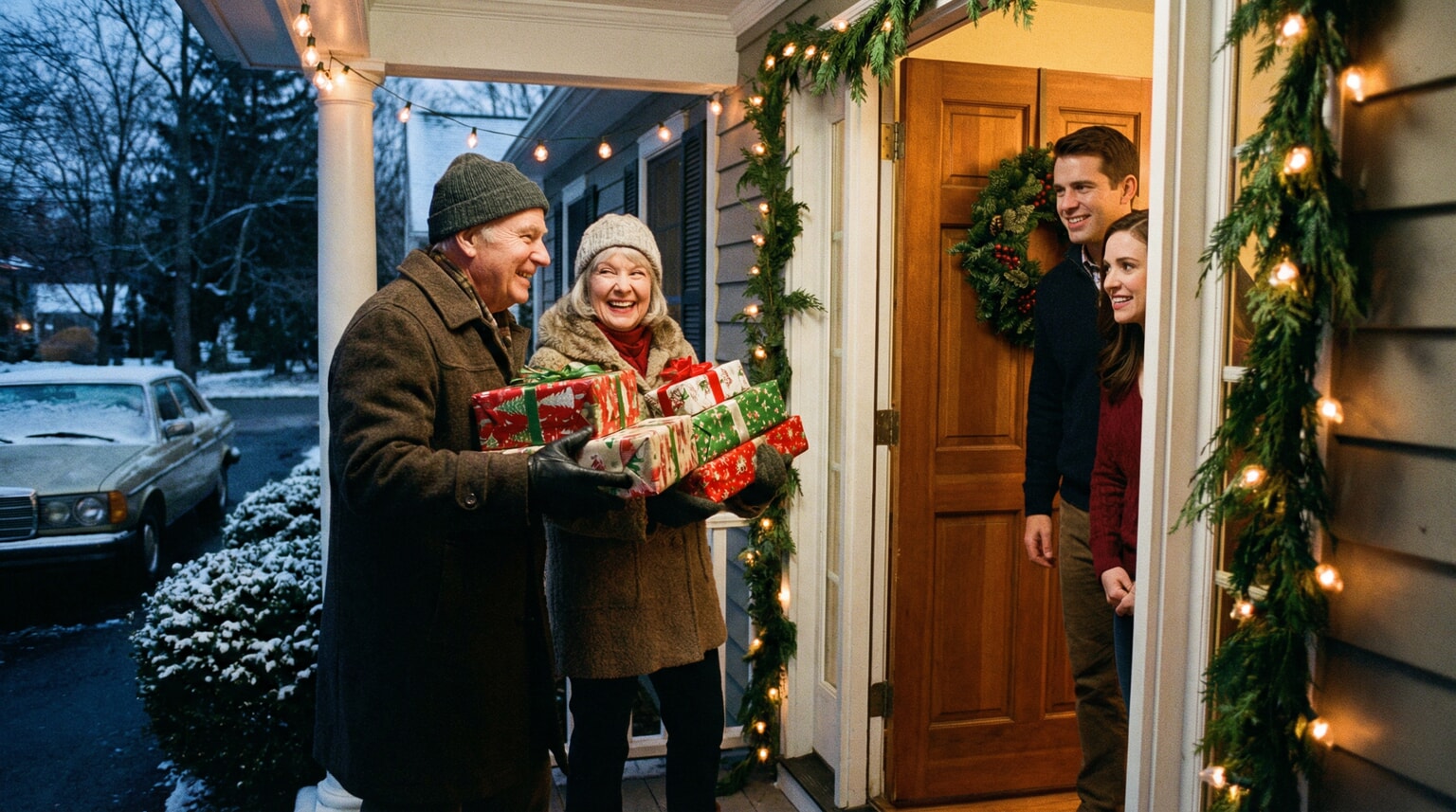 Grandparents arriving at front door holding multiple wrapped Christmas presents greeted by parents with polite concern