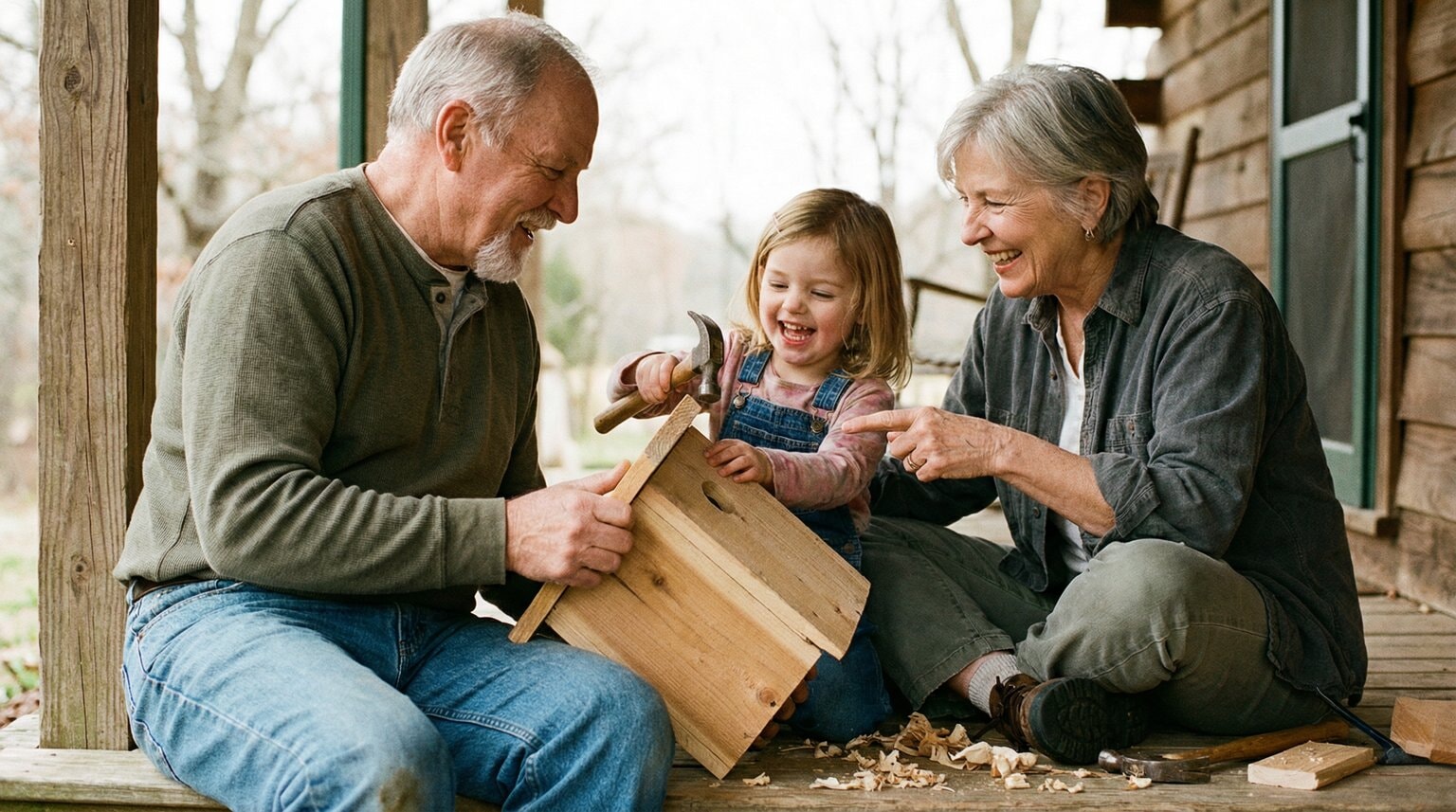 Grandparents and grandchild sharing joyful experience moment together