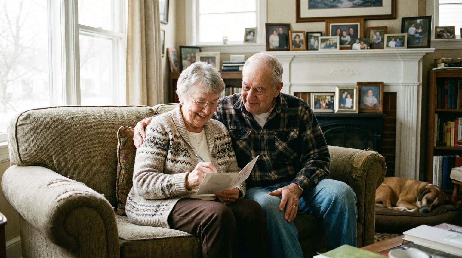 Grandmother writing in a card while grandfather watches warmly on a cozy couch