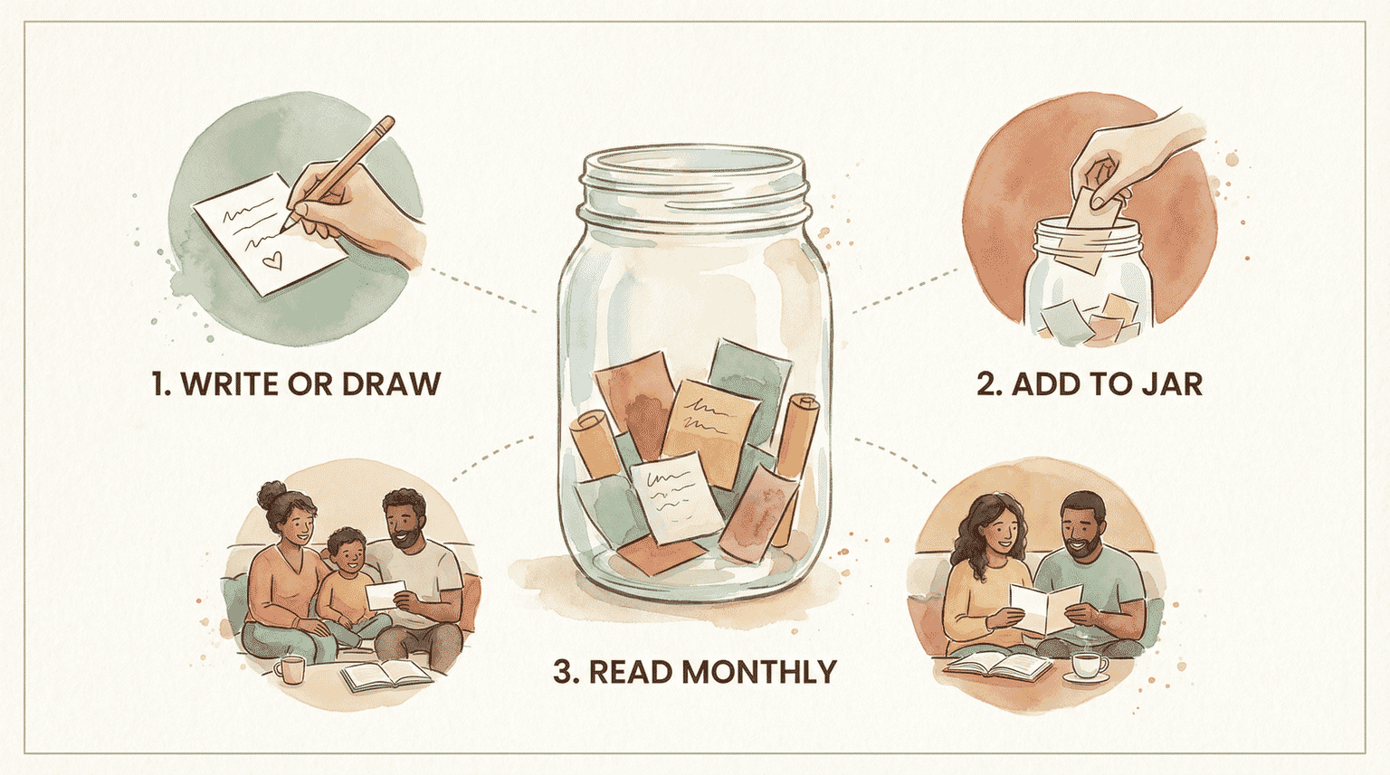 Three-step process showing write or draw, add to jar, and read monthly together