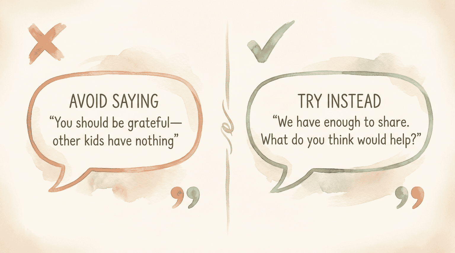 Comparison chart showing guilt-based language versus joy-based alternatives for teaching charity