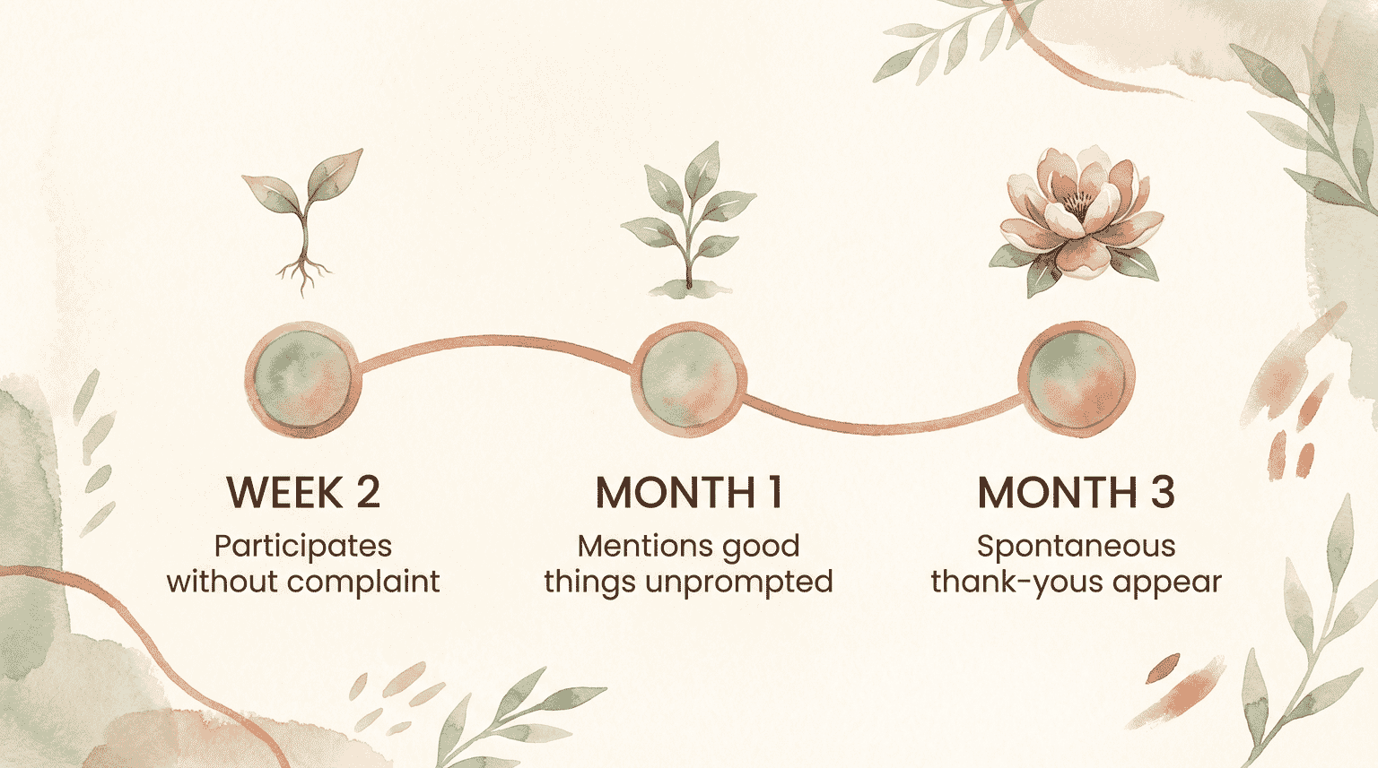 Timeline showing gratitude practice milestones at week 2, month 1, and month 3