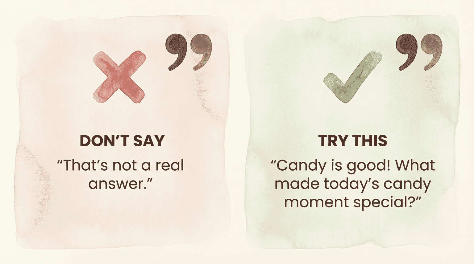 Comparison chart showing ineffective versus effective responses to shallow gratitude answers
