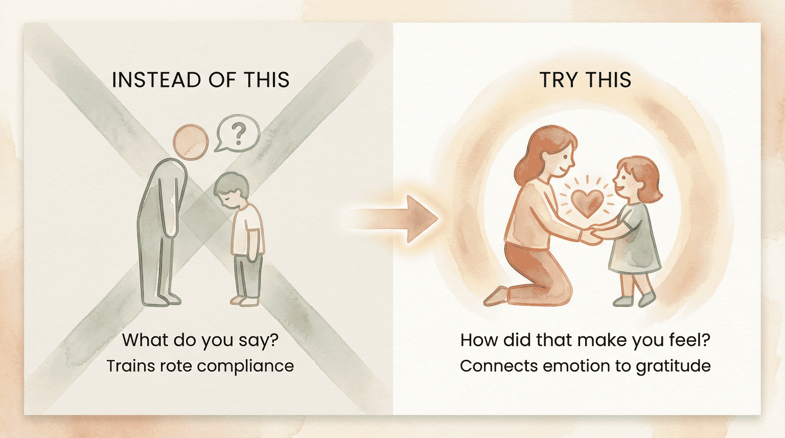 Comparison showing how asking about feelings builds genuine gratitude versus prompting rote compliance