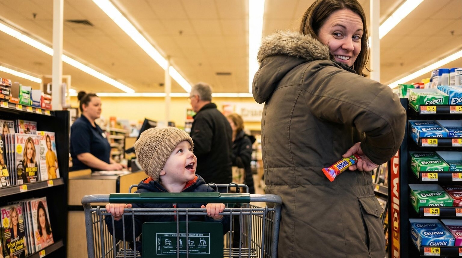 Parent sneaking a small treat from behind their back while child looks up with anticipation at grocery checkout