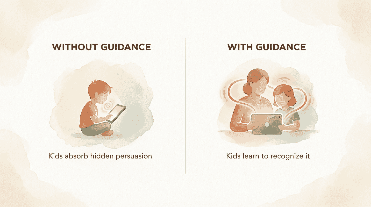 Two panel comparison showing child alone with screen versus parent and child watching together