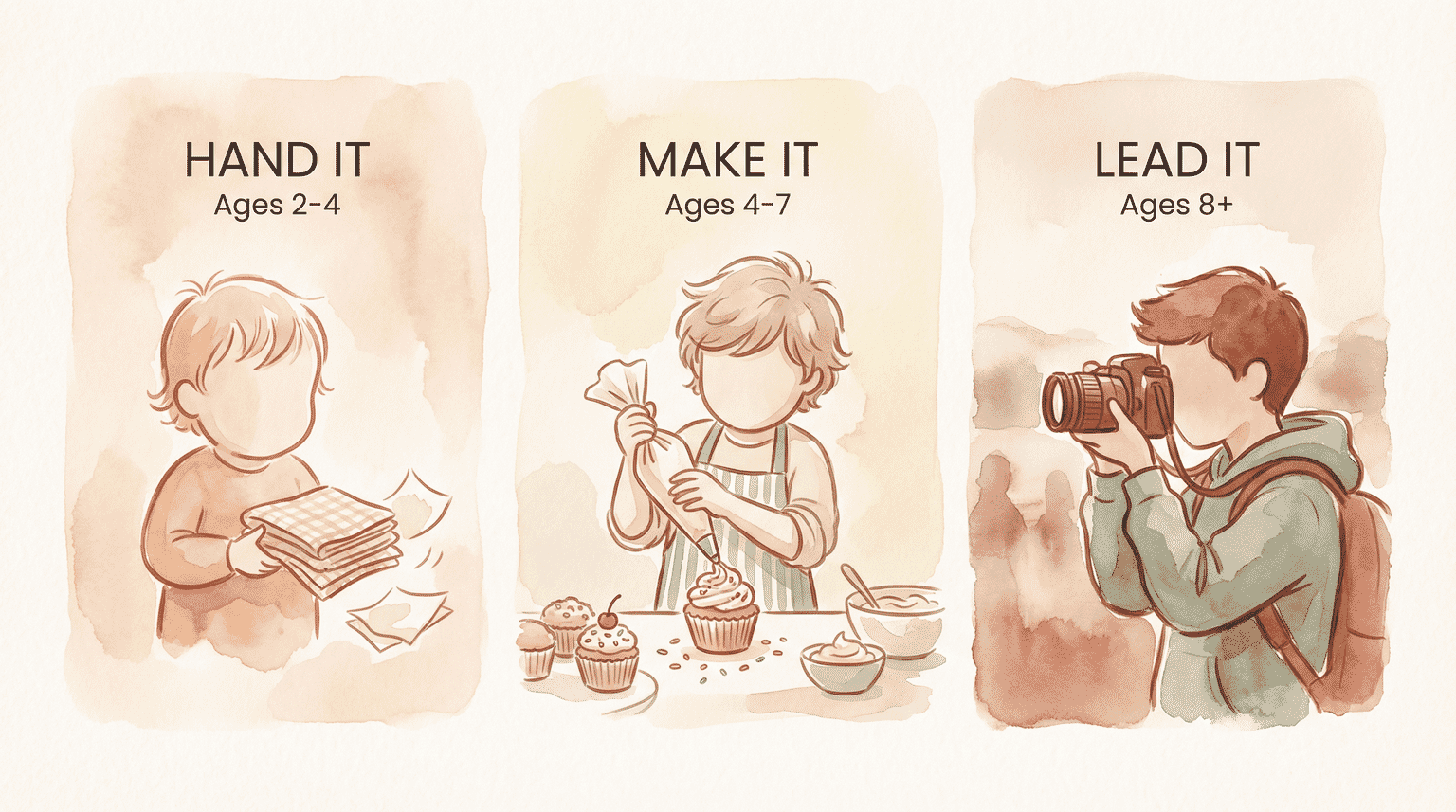 Three-panel infographic showing Hand It for ages 2-4, Make It for ages 4-7, and Lead It for ages 8 plus
