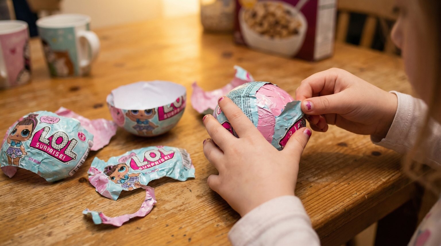 Child's hands carefully peeling colorful layers of L.O.L. Surprise ball packaging on kitchen table