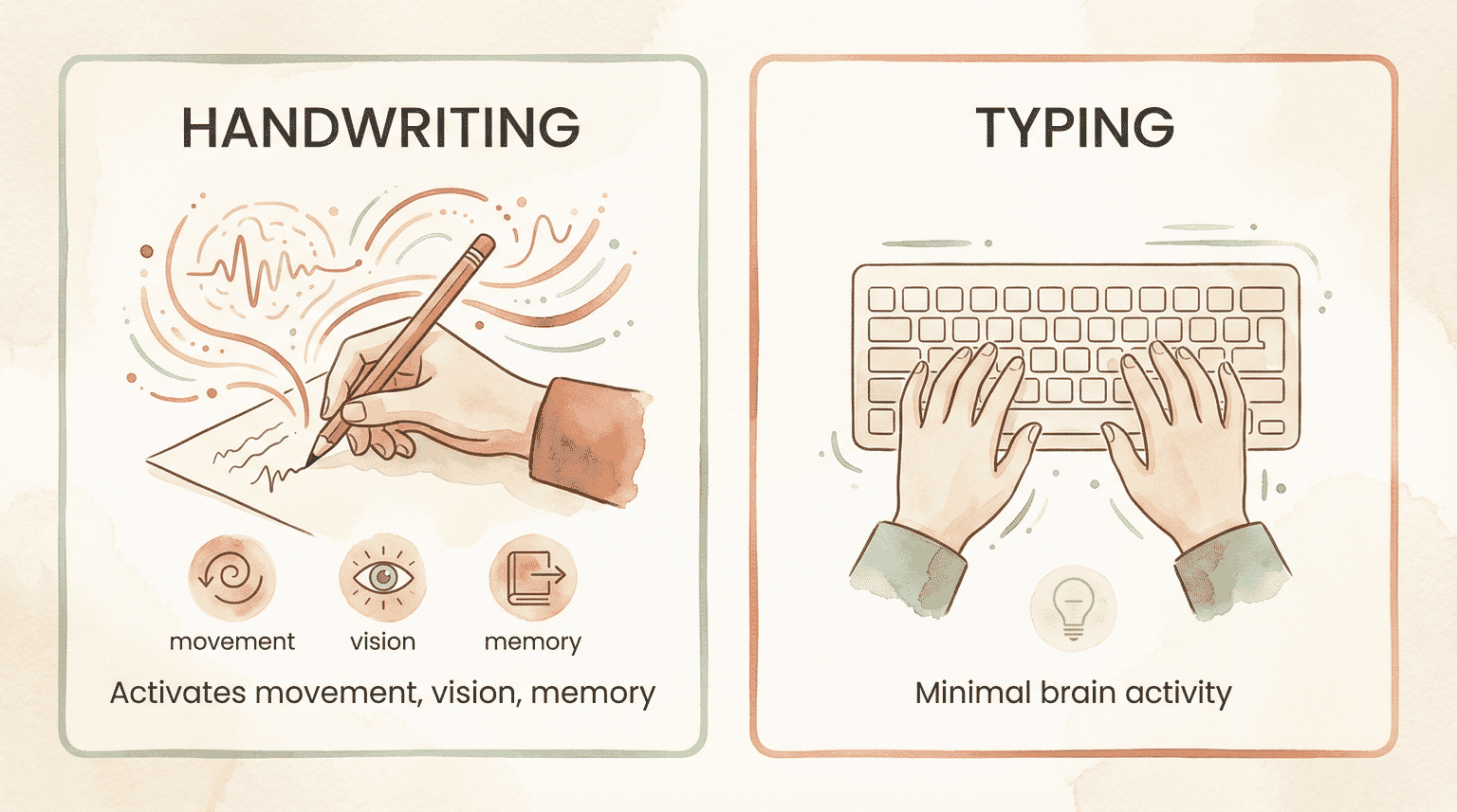 Comparison showing handwriting activates movement, vision and memory while typing shows minimal brain activity