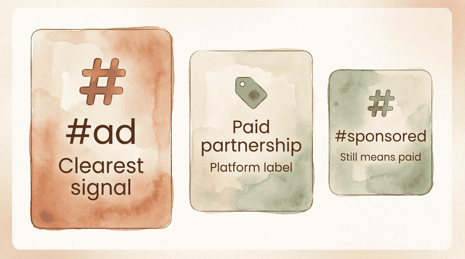 Three sponsorship labels showing #ad as clearest signal, paid partnership as platform label, and #sponsored as still meaning paid