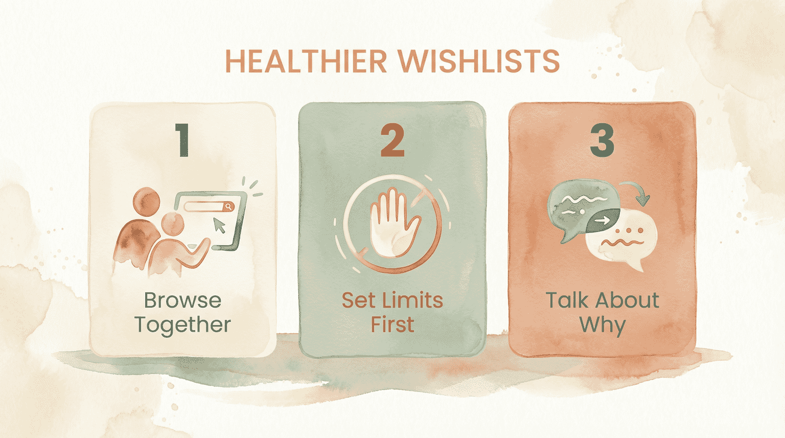 Step diagram showing three steps for healthier wishlists browse together set limits first and talk about why