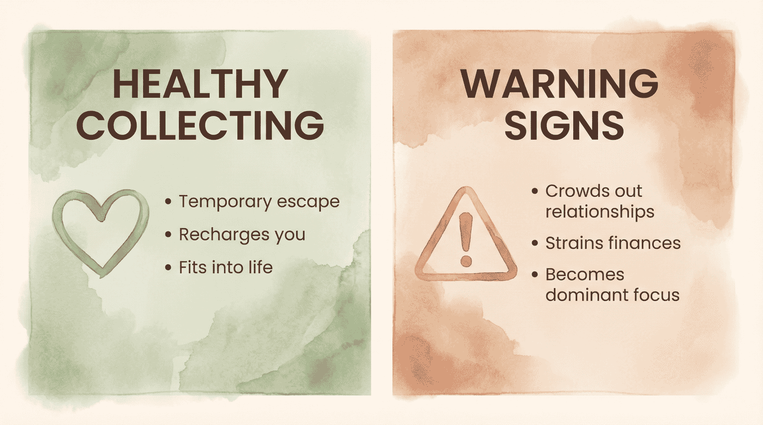 Comparison chart showing healthy collecting traits like temporary escape versus warning signs like crowding out relationships