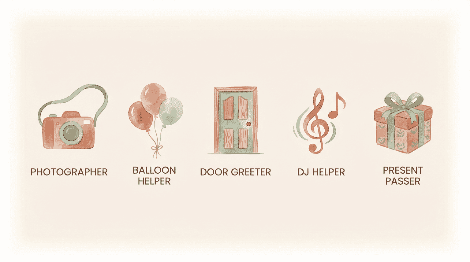 Five icons showing helper jobs for non-birthday siblings including photographer, balloon helper, door greeter, DJ helper, and present passer