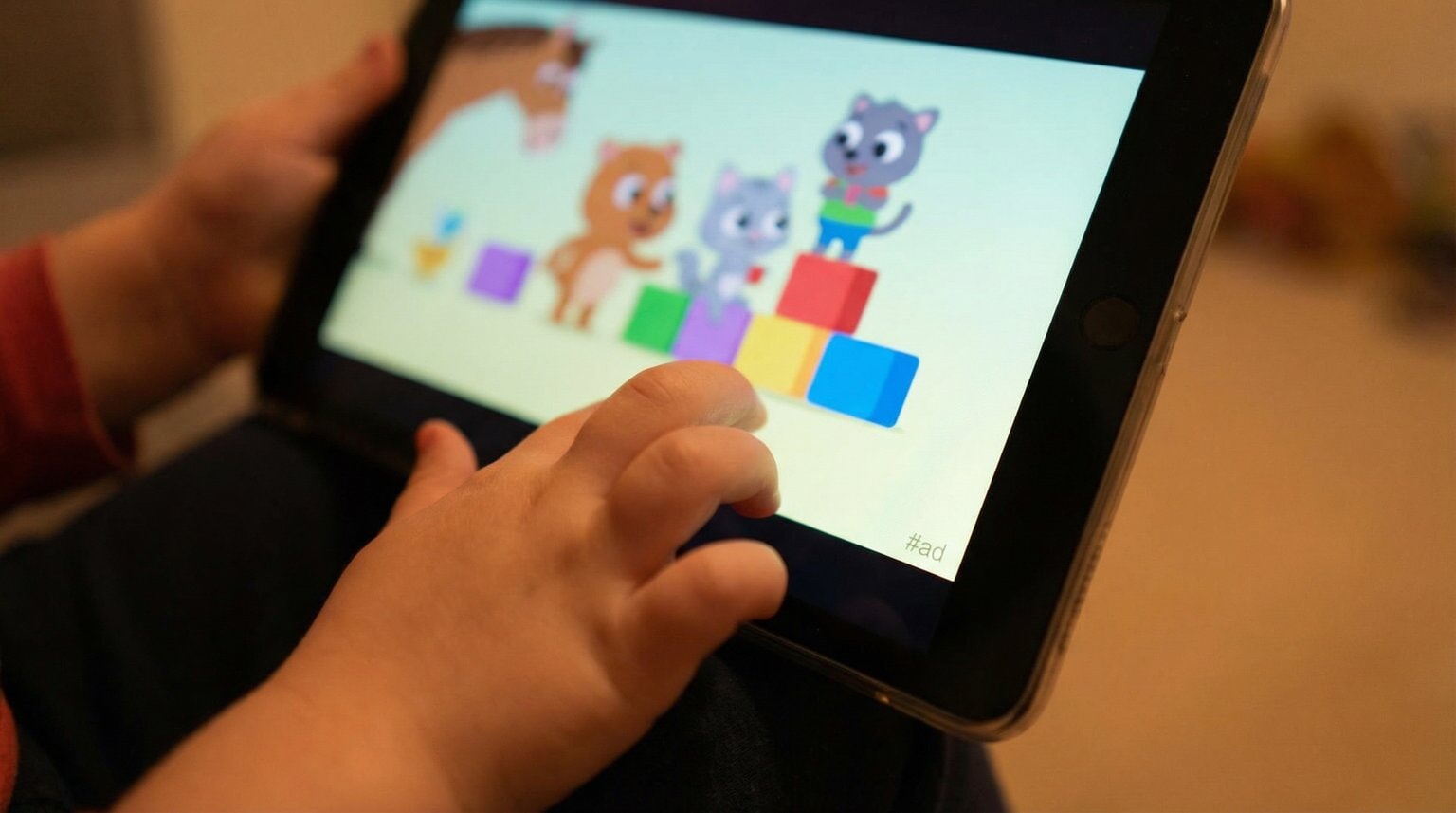 Close-up of tablet screen showing toy video with barely visible tiny hashtag ad disclosure text in corner