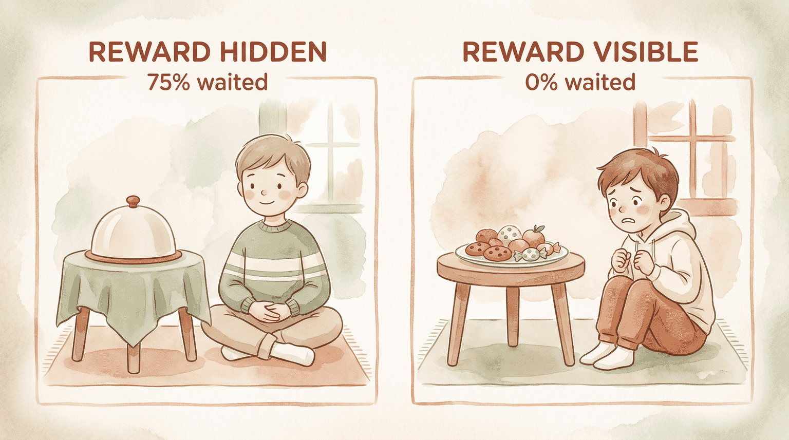 Comparison showing 75 percent of children waited when reward hidden versus zero percent when reward visible