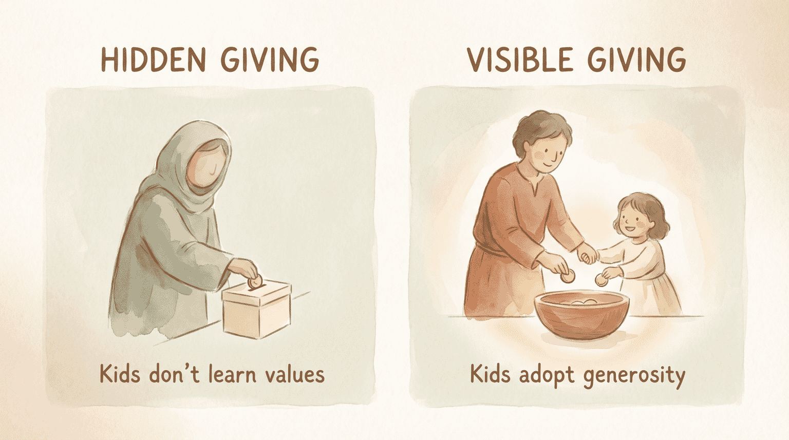 Comparison showing hidden giving doesn't teach kids while visible giving builds generosity