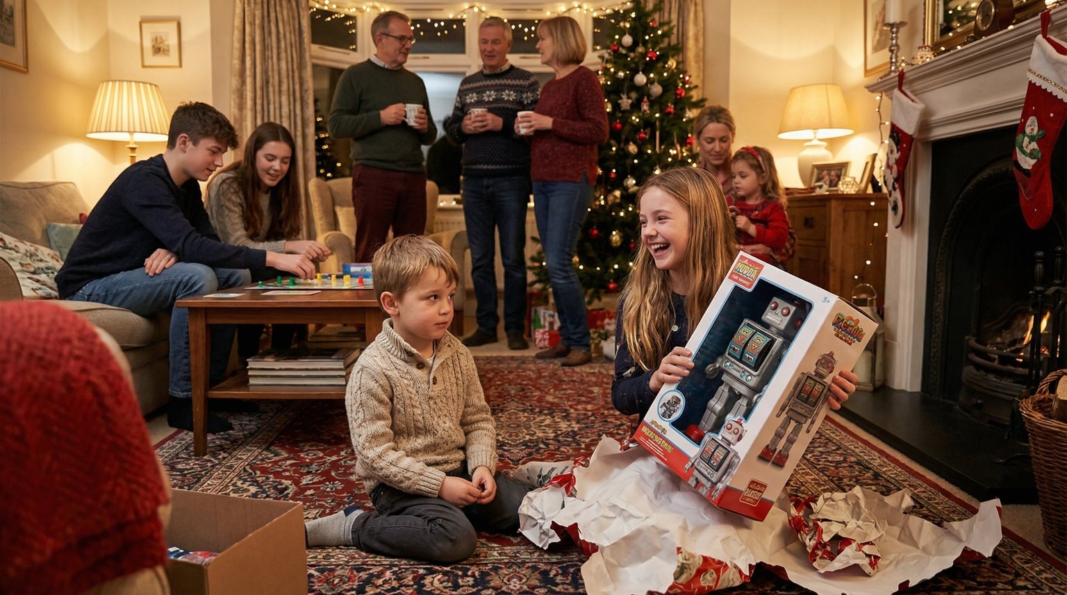 Multiple generations at holiday family gathering with cousins of different ages opening gifts in warm living room