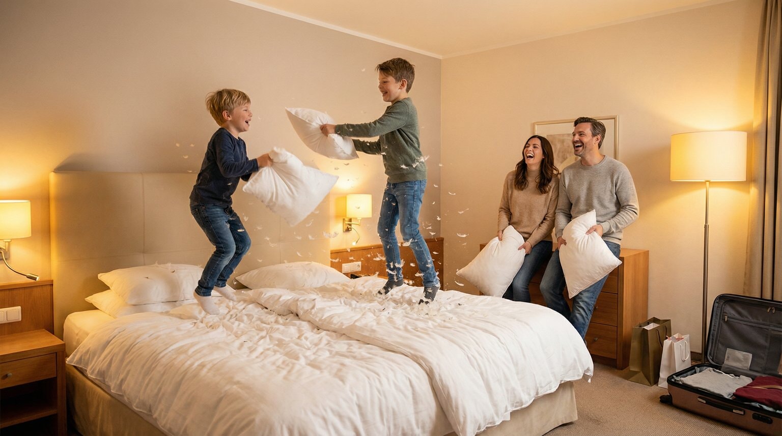Family having pillow fight in hotel room with kids jumping on bed