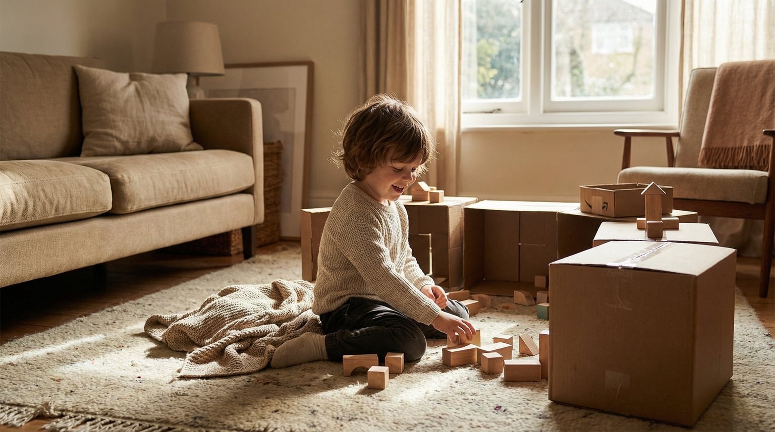 Happy child deeply engaged in imaginative play with simple toys creating elaborate scene