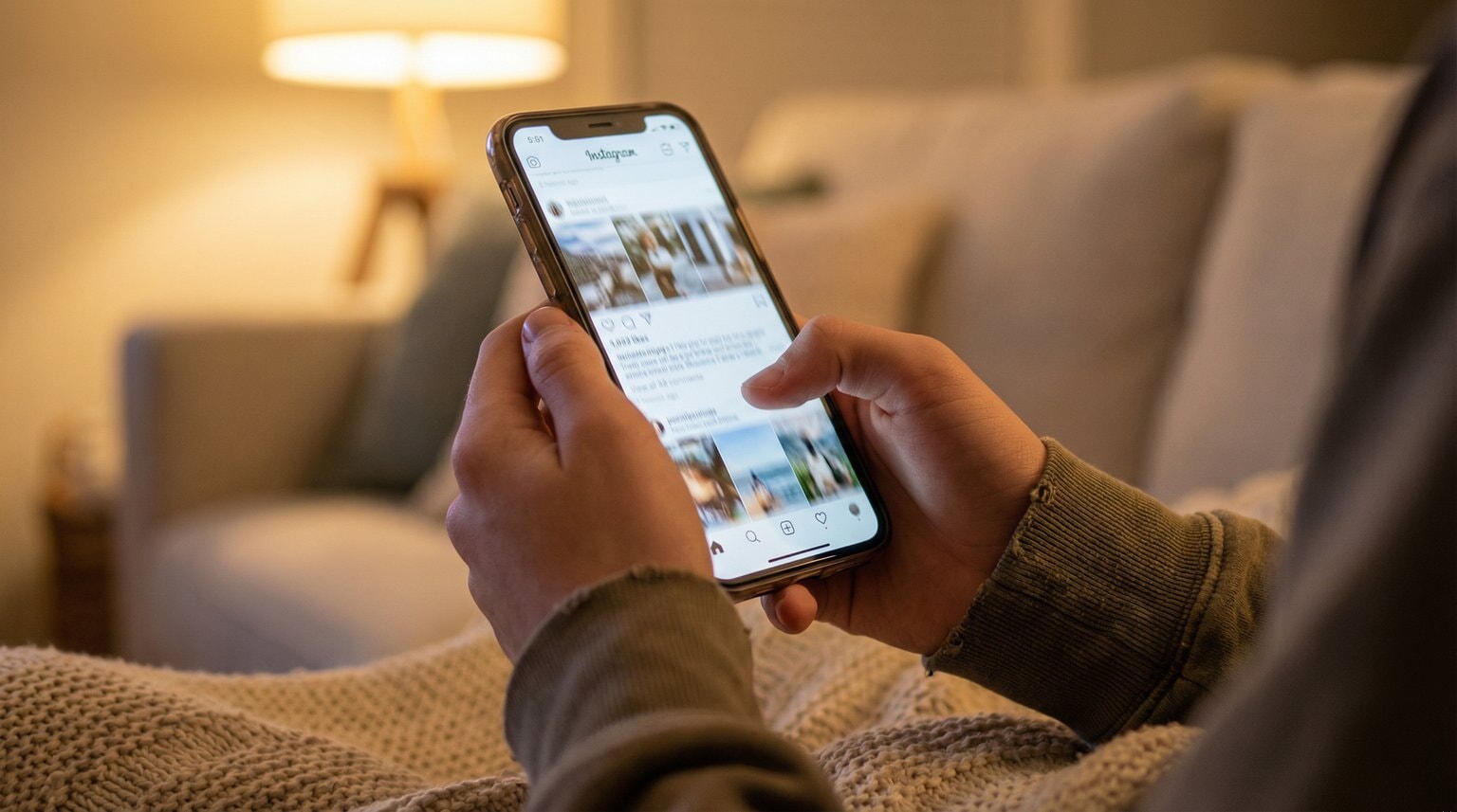 Close-up of teenager's hands scrolling smartphone with motion blur showing endless scroll behavior