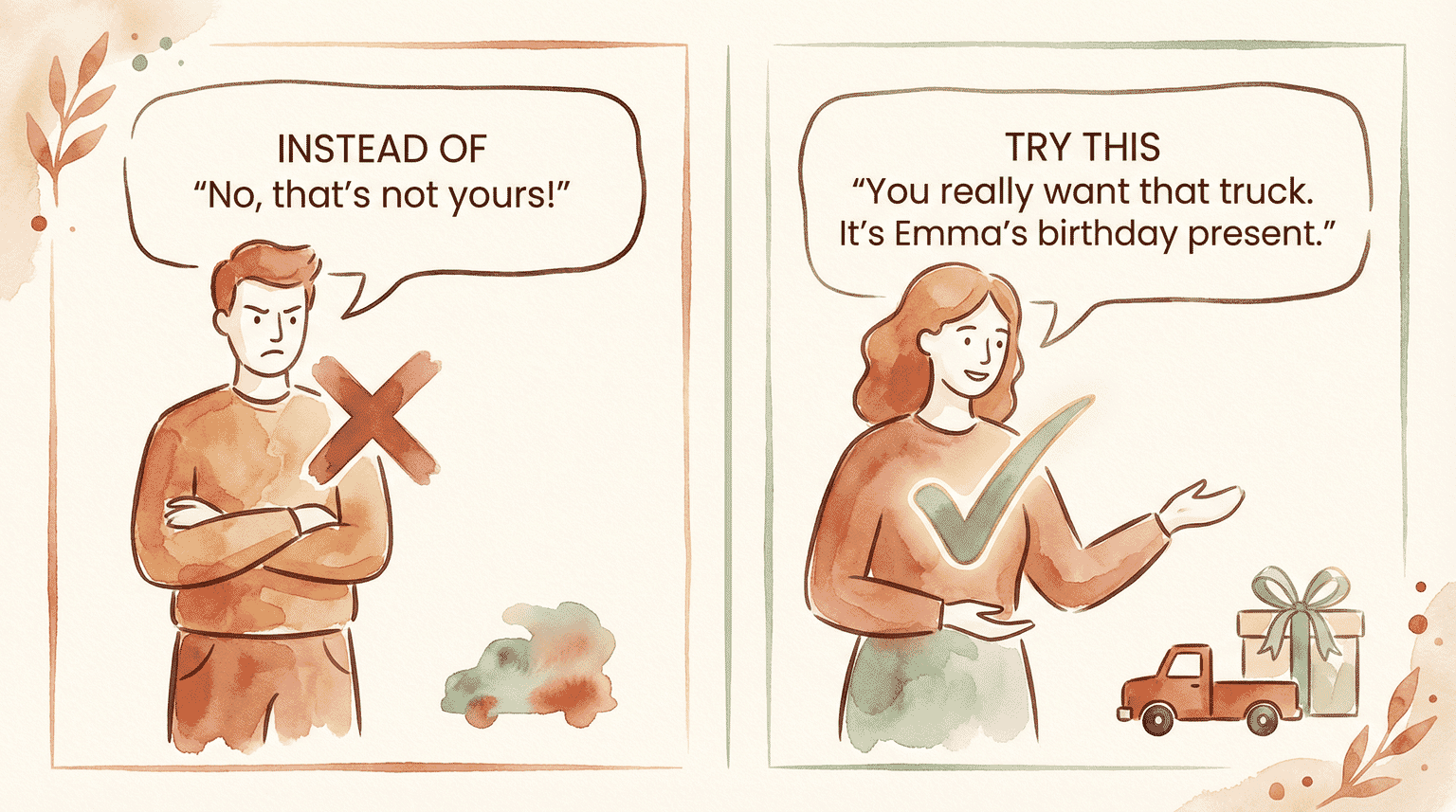 Two-panel comparison showing what to say instead of no thats not yours
