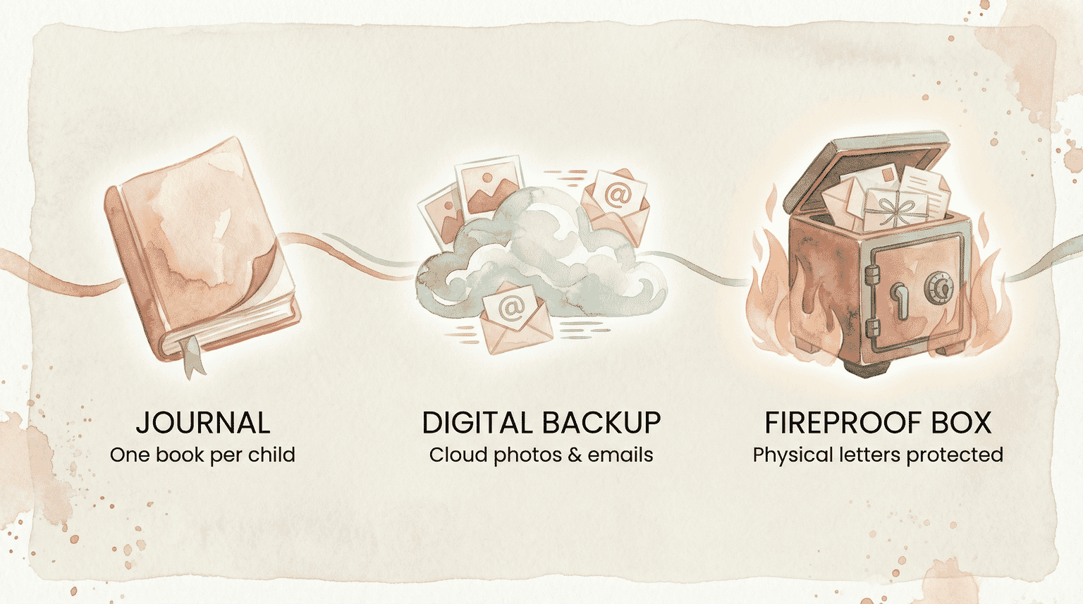 Three storage methods for birthday letters showing journal, digital backup, and fireproof box options