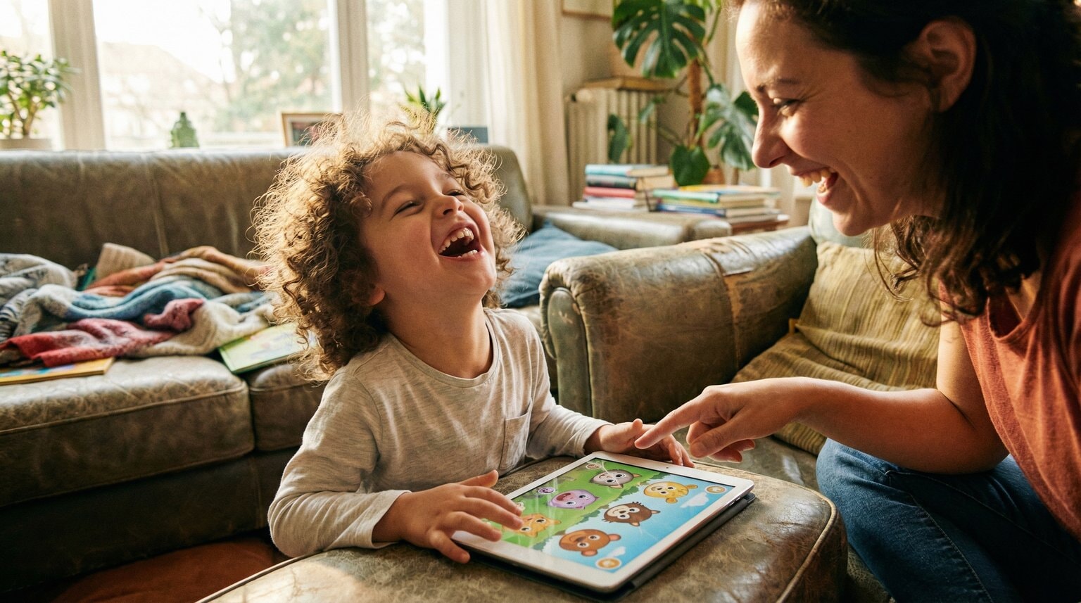 Young child laughing while playing interactive game on tablet with parent beside them, both happy and connected
