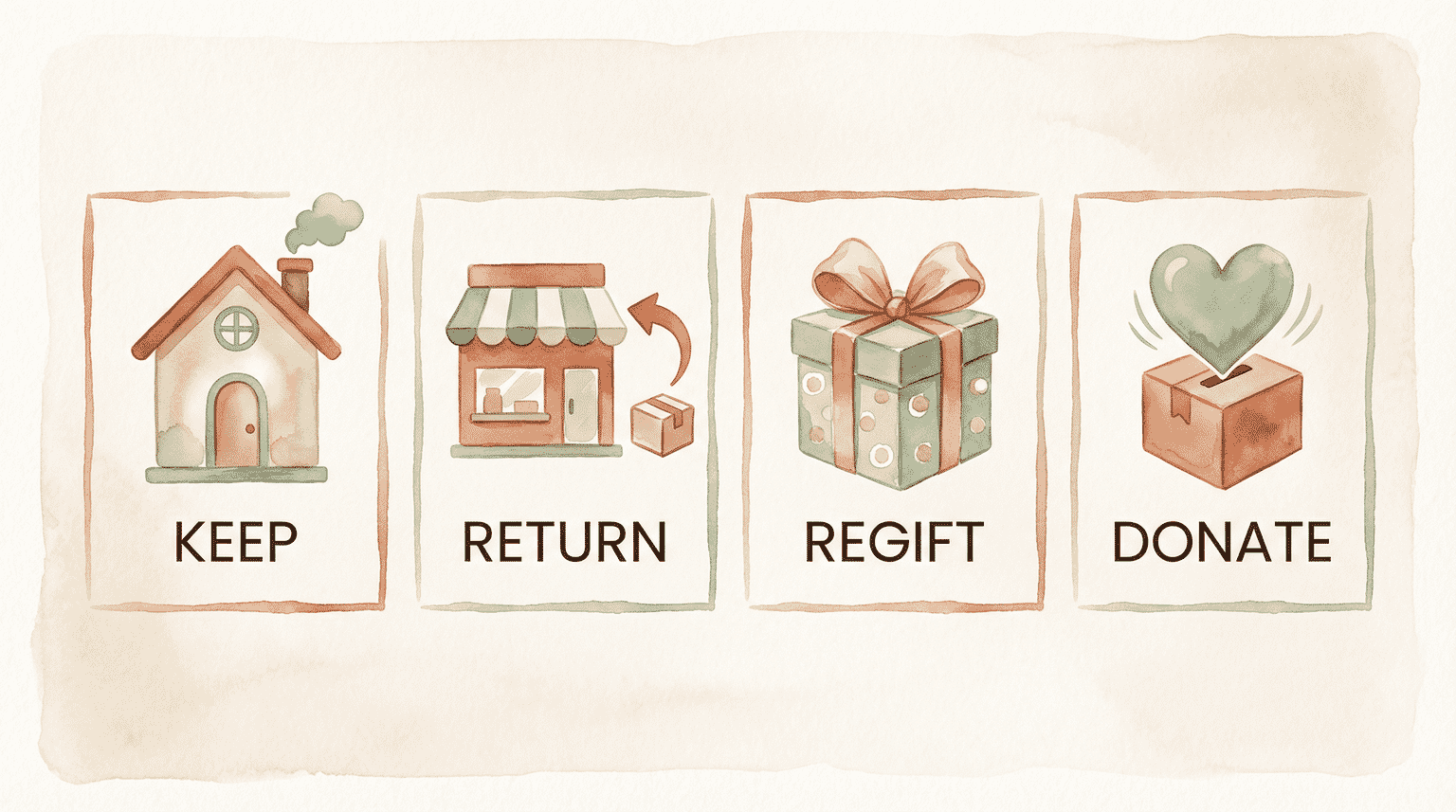 Four icons showing gift options of keep, return, regift, and donate