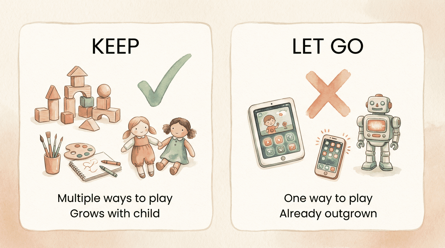 Comparison chart showing keep criteria versus donate criteria for toy decisions
