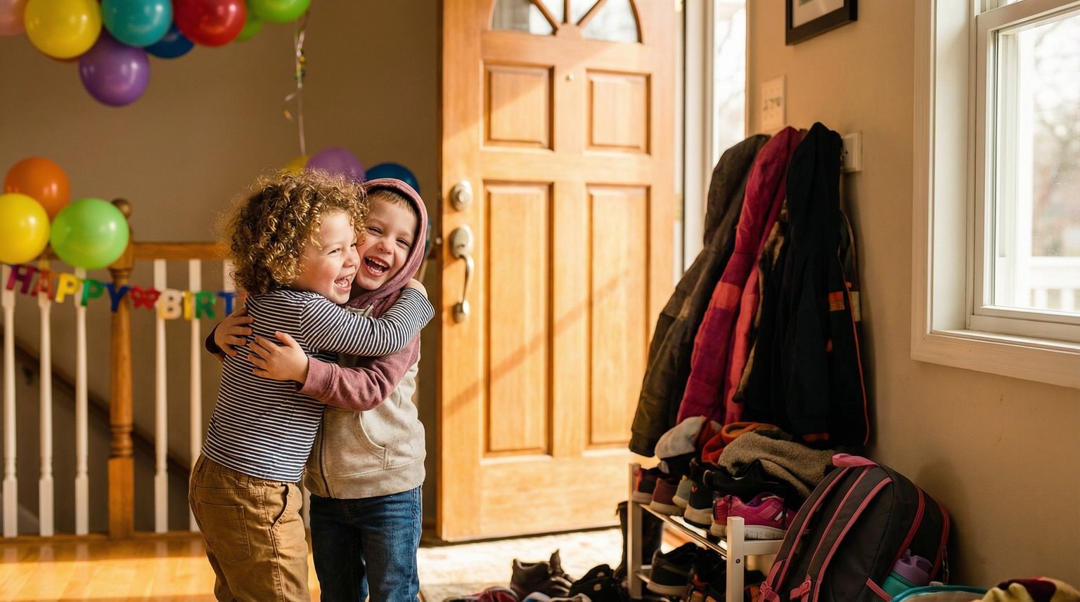 Young child excitedly hugging friend arriving at birthday party in doorway