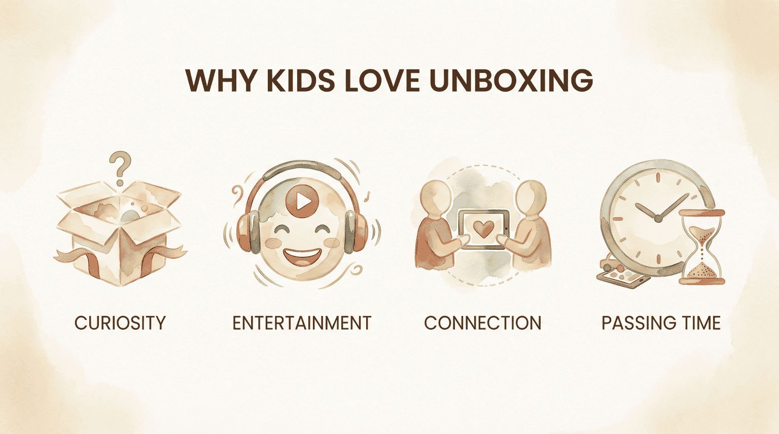 Infographic showing four reasons kids love unboxing videos: curiosity, entertainment, connection, passing time