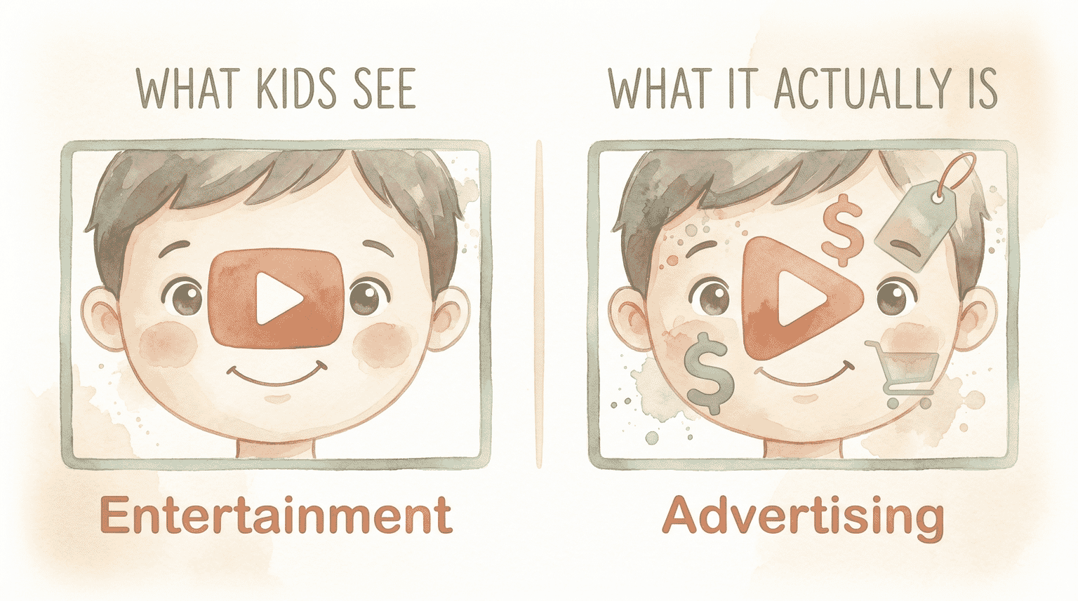 Infographic comparing what kids see as entertainment versus what unboxing videos actually are as advertising