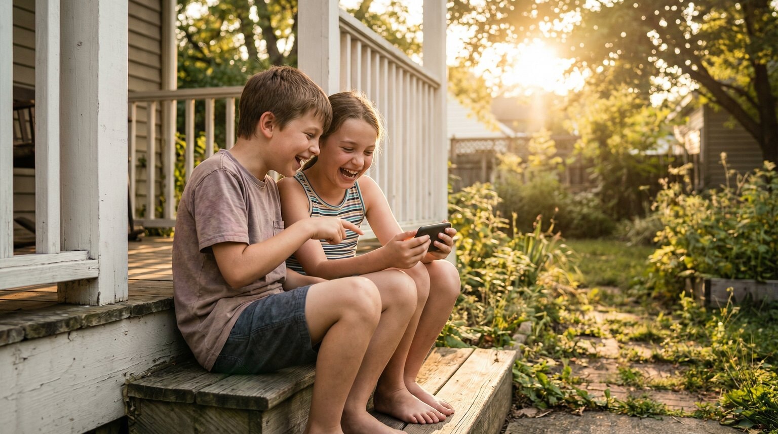 Two children sitting together outdoors laughing while one shows the other something funny on phone