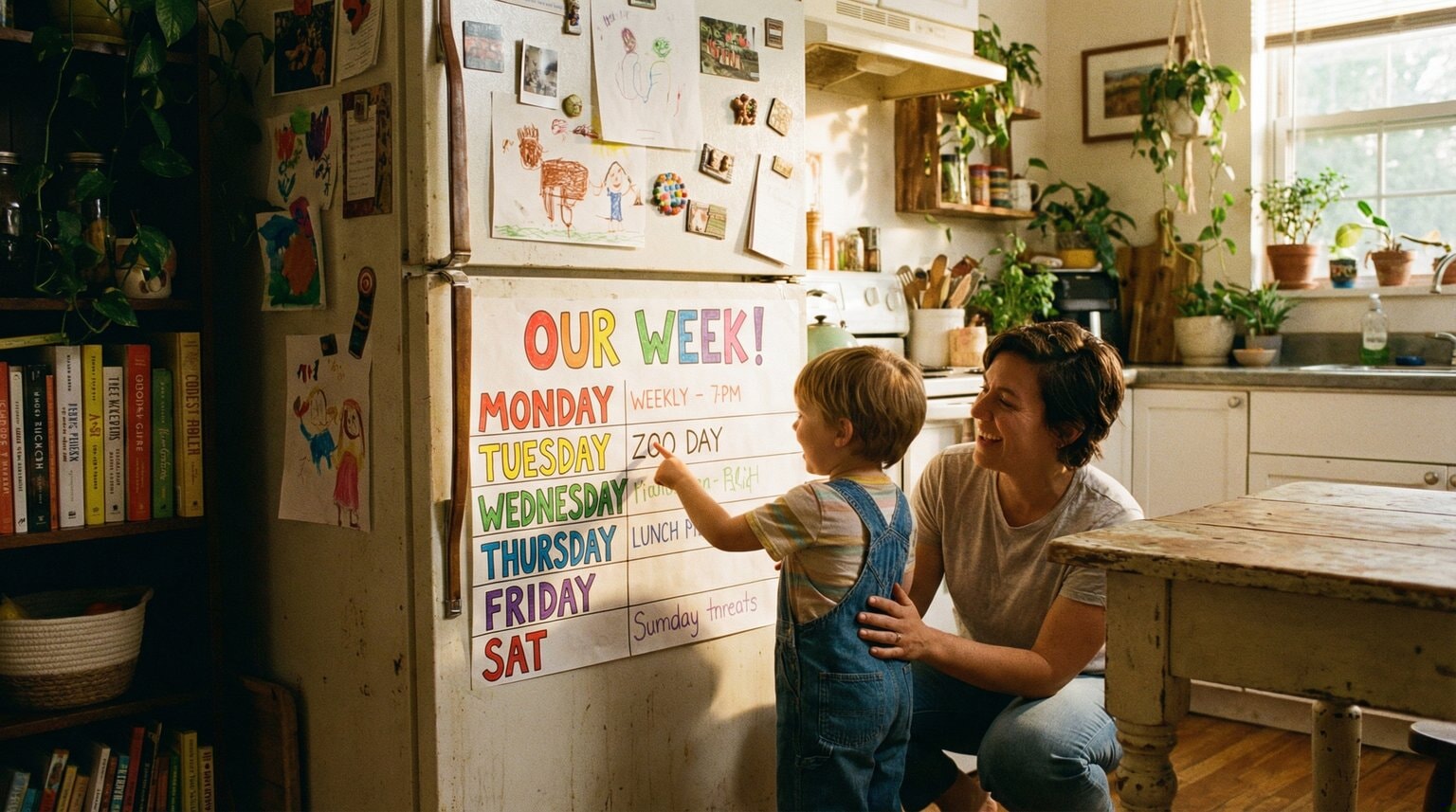 Young child pointing excitedly at colorful weekly schedule posted on refrigerator
