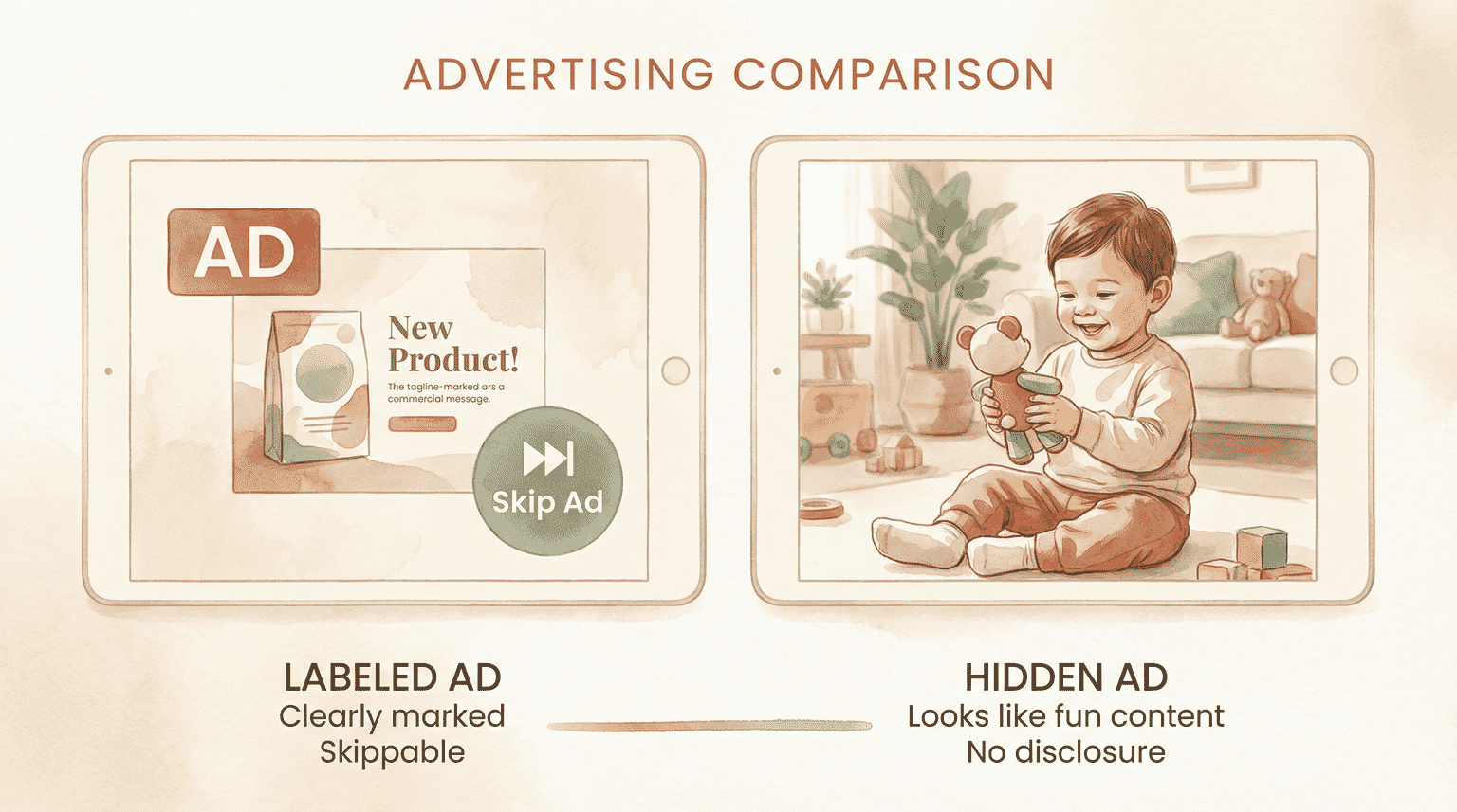 Comparison showing labeled ad with skip button versus hidden ad showing child influencer holding toy naturally