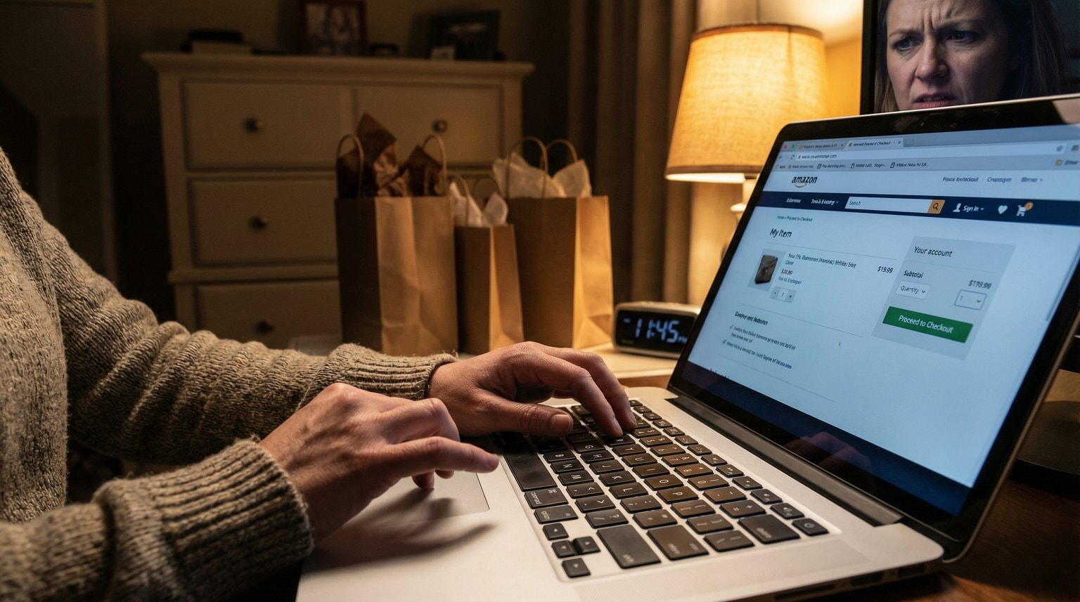 Parent's hands adding items to online shopping cart late at night with gift bags in background