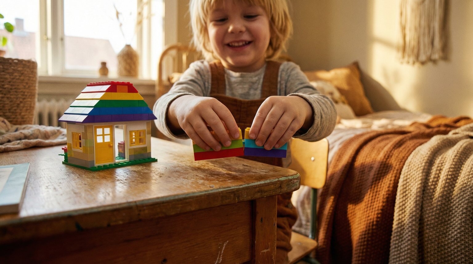 Child's hands clicking LEGO bricks together with small completed creation nearby on wooden desk