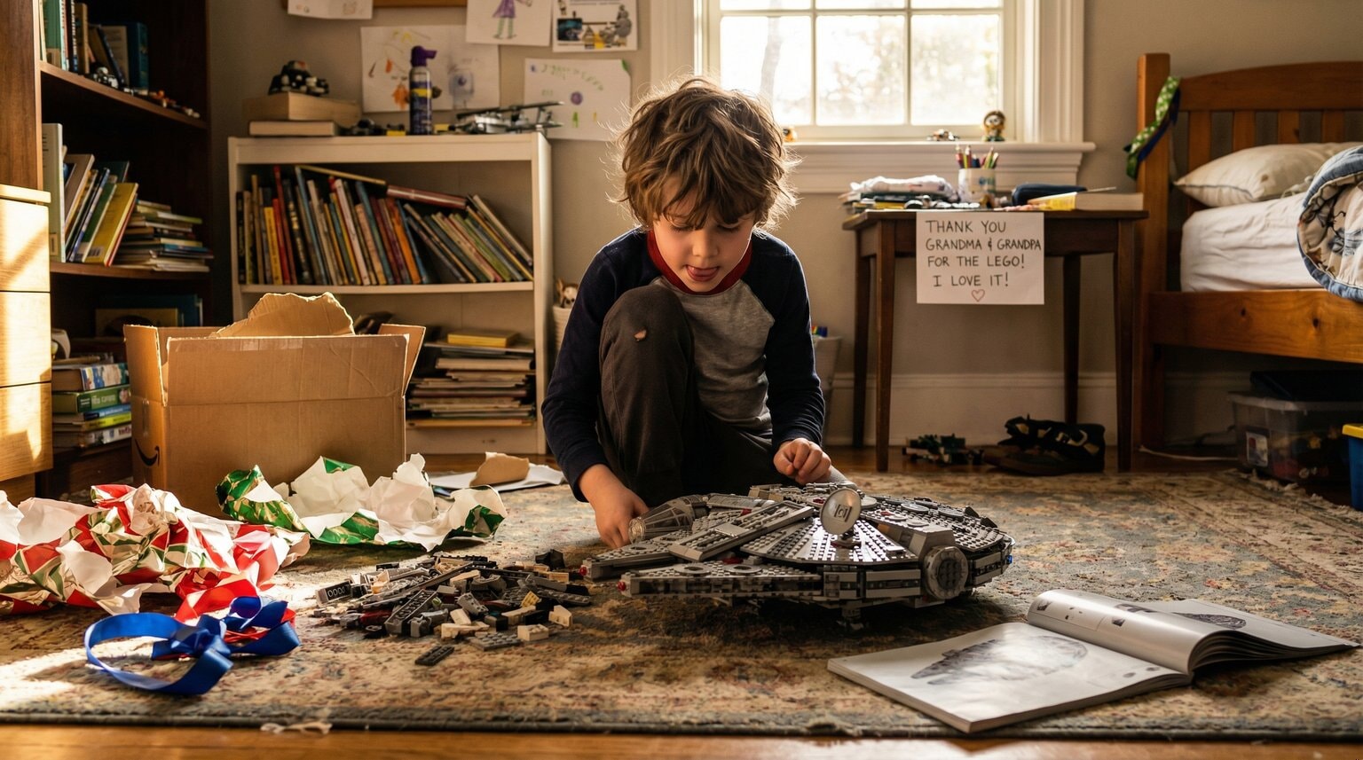 Seven-year-old intensely focused on building LEGO set with gift wrapping discarded nearby