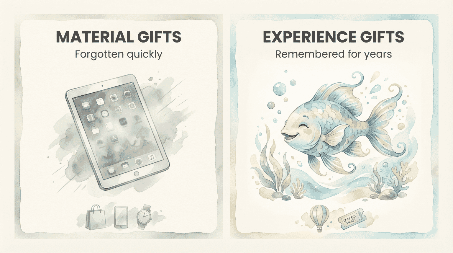 Comparison showing material gifts forgotten quickly versus experience gifts remembered for years