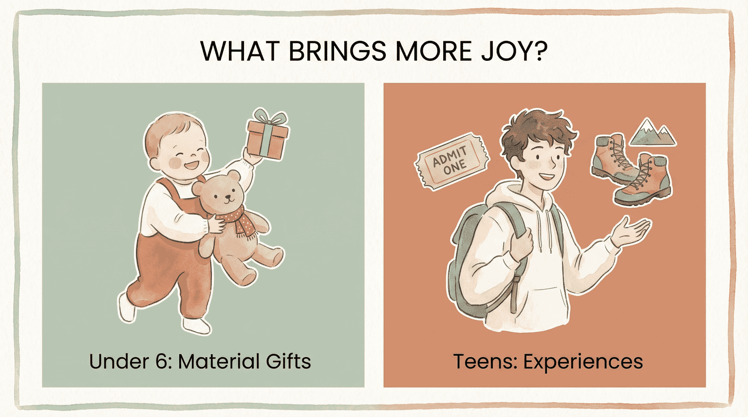 Comparison chart showing toddlers prefer material gifts while teens prefer experiences