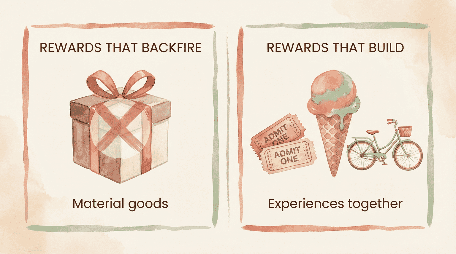 Comparison showing material goods with X mark versus experience icons like movie tickets and ice cream as better rewards