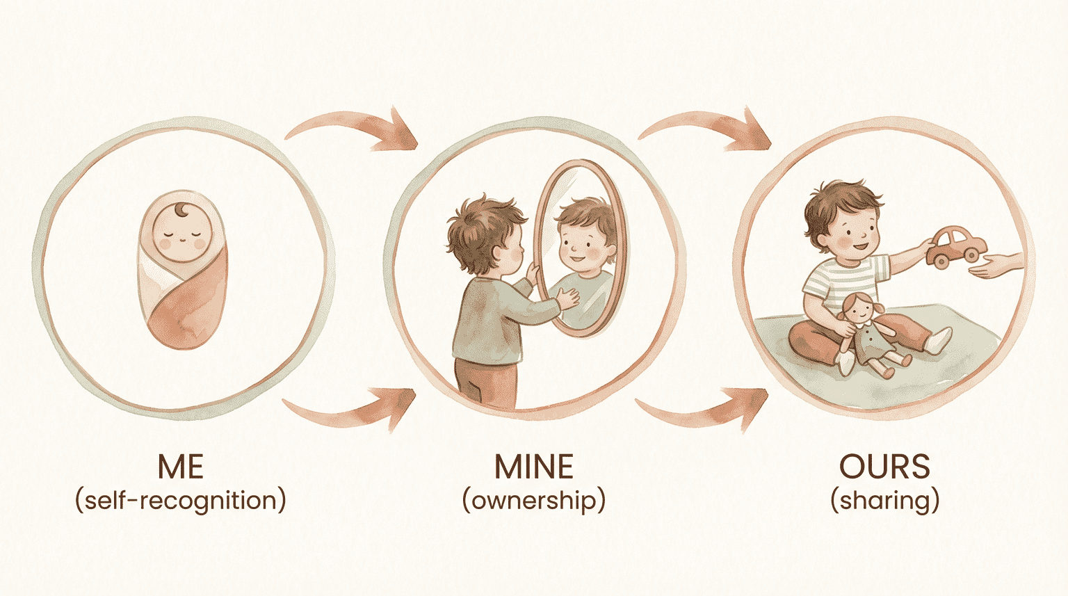 Three-step watercolor infographic showing progression from self-recognition to ownership to sharing