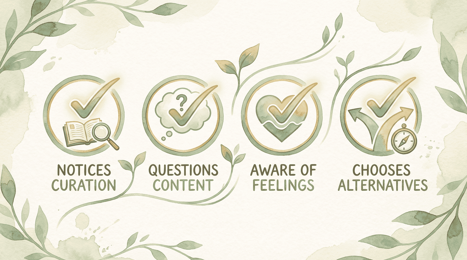 Four media literacy success indicators showing notices curation questions content aware of feelings and chooses alternatives