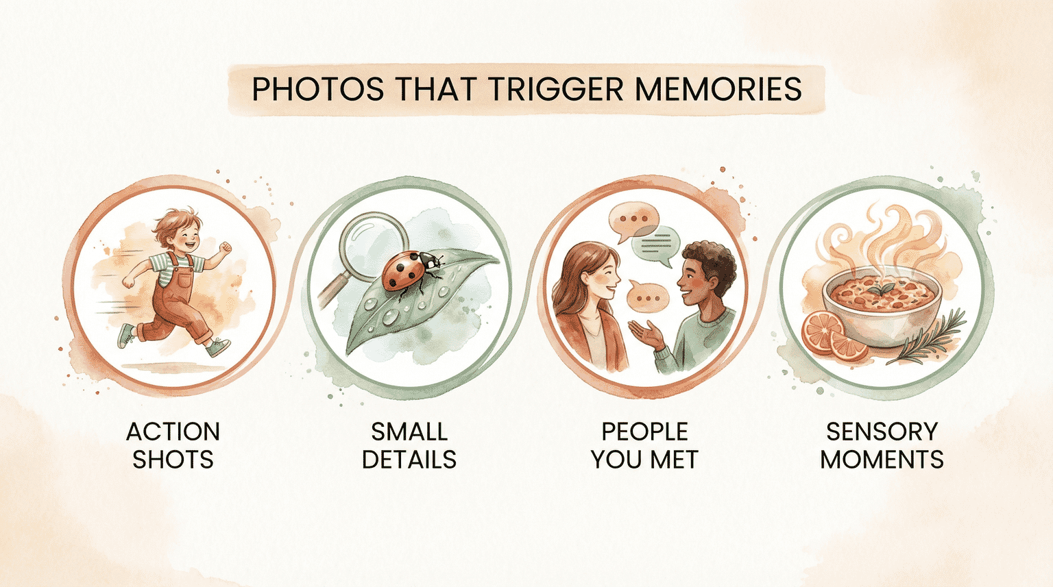 Four types of photos that trigger memories in children including action shots small details people and sensory moments