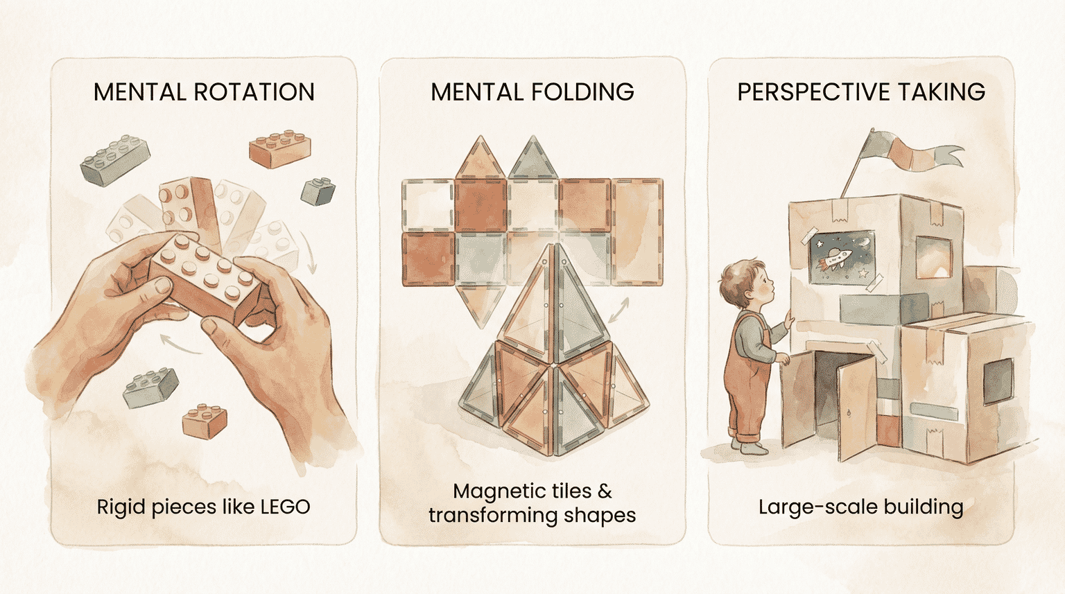Infographic showing three spatial skills developed by construction toys: mental rotation, mental folding, and perspective taking