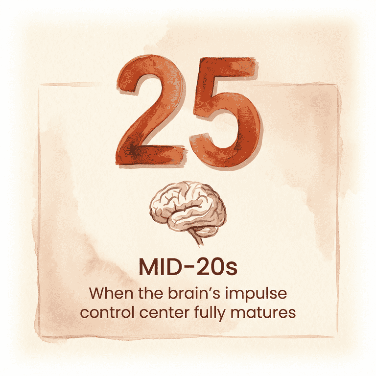 Stat showing the brain's impulse control center fully matures in mid-20s